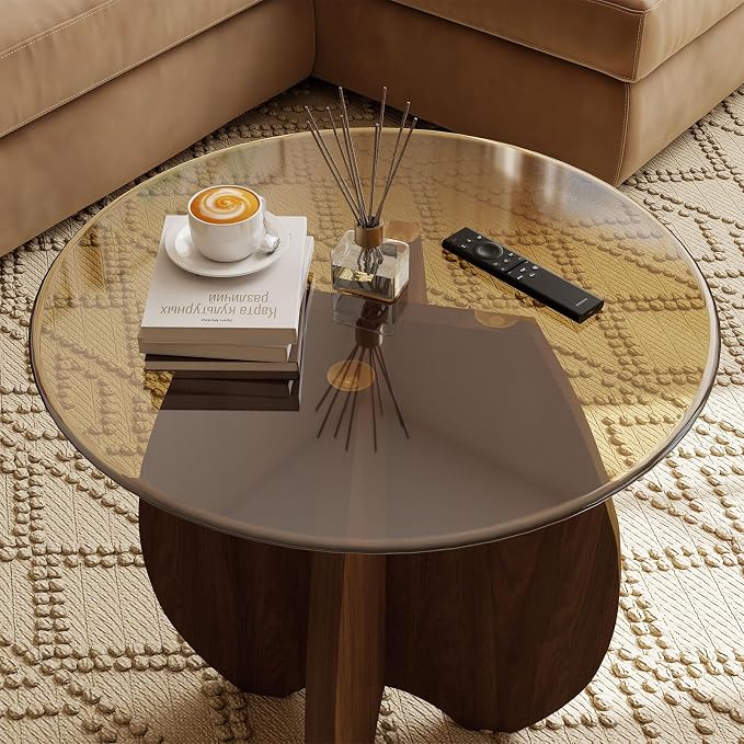MDF Frame Side Table with Brown Tempered Glass Top, Mortise and Tenon Joint Design, No Screw Easy Assembly, Sturdy End Table for Living Room, Bedroom (Shell-Brown)