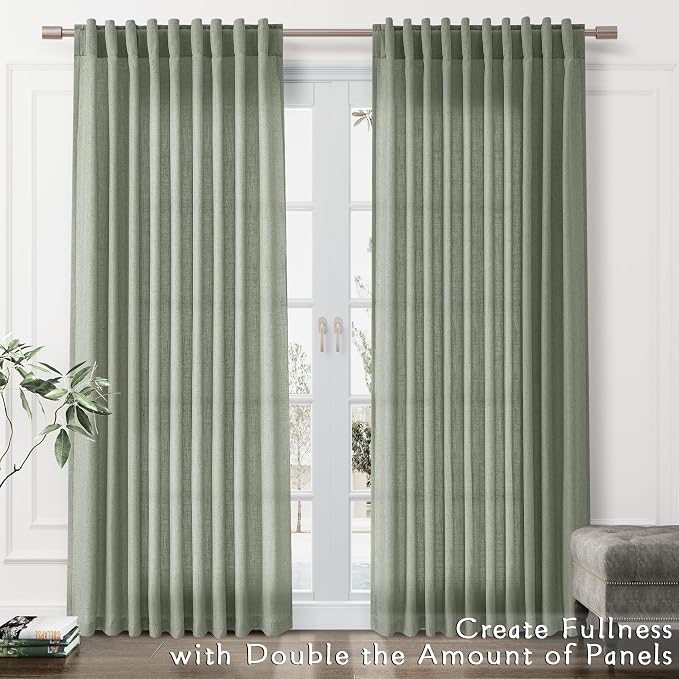 Joywell Sage Green Linen Curtains 96 Inches Long for Living Room Soft Linen Window Drapes Semi Sheer Light Filtering Back Tab Rod Pocket Pleated Spring Sage Green Room Decor Set of 2 Panels 52x96