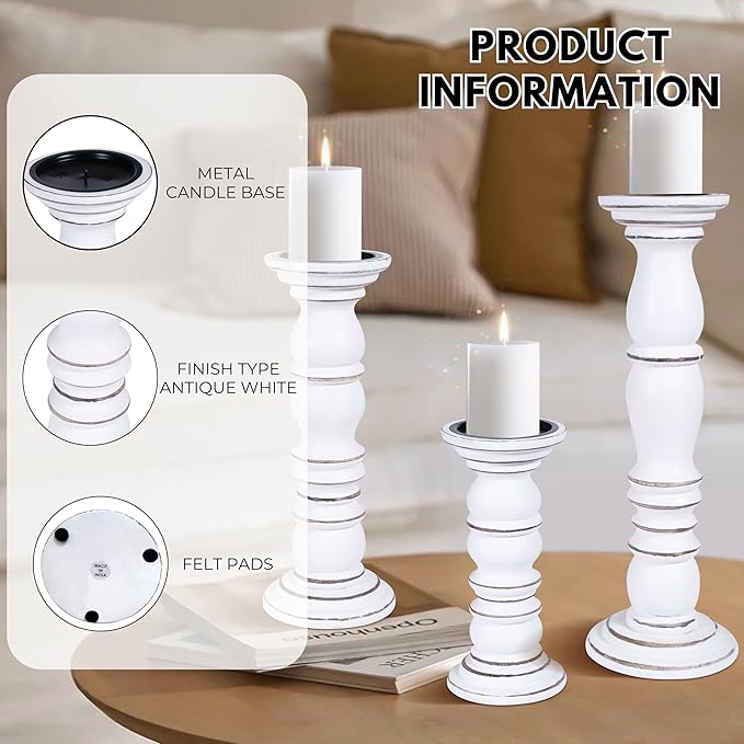 Wooden Candle Holder Set of 3 - Handcrafted Pillar Candle Stand (15", 12", 9") - Rustic Mango Wood Decorative Candle Holders for Home, Living Room, and Dining Table - White Antique