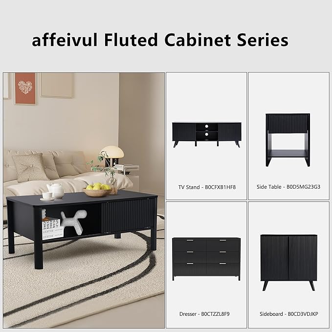 Rectangle Fluted Coffee Table with Storage and Sliding Drawers, Small Low Black Coffee Table, Mid Century Modern Coffee Table for Living Room