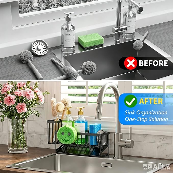 Cisily 9.25'' ponge Holder for Kitchen Sink, Smiley Face Sink Caddy with Removable Brush Holder,Self-Draining Sponge Caddy for Sponge,Soap,Dish Brush,Scrubber,Kitchen Essentials and Gadgets