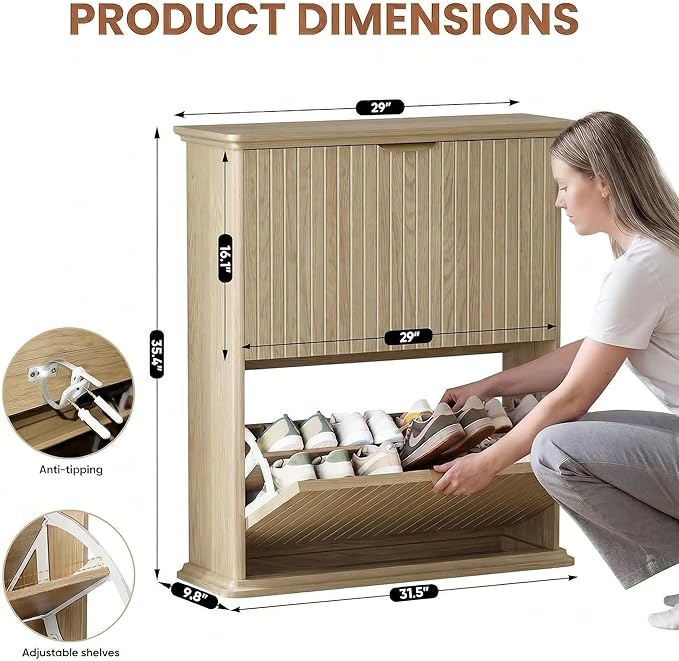 Natural Wood Slim Shoe Storage Cabinet with Fluted Doors,31.5" Modern Hidden Shoe Rack with 2 Flip Drawers,Rounded Corners,Wall-Mounted Narrow Shoe Organizer