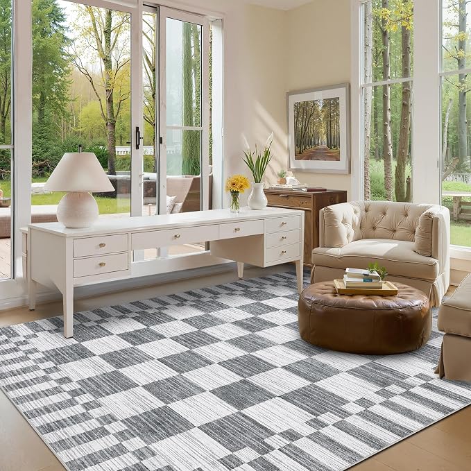 GarveeHome 8×10 Area Rugs for Living Room,Grey Checkered Rug, Non-Slip Washable Rugs 8x10,Soft Low-Pile Farmhouse Geometric Modern Rugs for Bedroom Dining Room