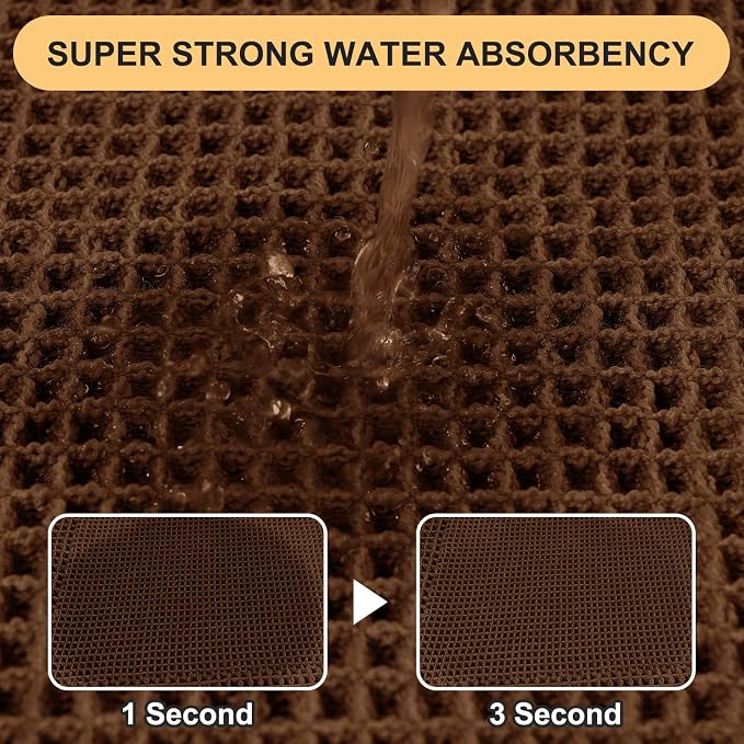 Waffle Bath Mat Set 2 Piece, Boho Woven Modern Bath Rug Absorbent Non Slip, Ultra Soft Bathroom Mats, Machine Washable Knit Bath Rugs with Border for Bathroom, Bedroom, Kitchen, Shower, Tub, Brown