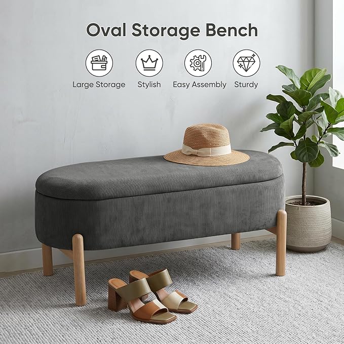 Storage Bench Ottoman, Upholstered Corduroy Storage Bench for Bedroom End of Bed, Modern Aesthetic Furniture, Large Oval Ottoman Bench for Foot of Bed, Living Room, Entryway, Under Window (Grey)