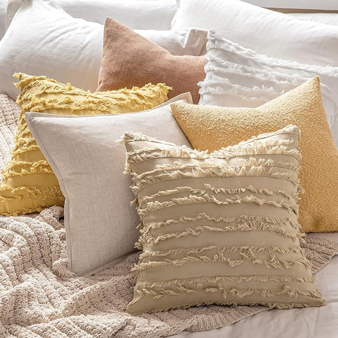 MIULEE Set of 2 Decorative Boho Throw Pillow Covers Linen Striped Jacquard Pattern Spring Cushion Covers for Sofa Couch Living Room Bedroom 18x18 Inch White
