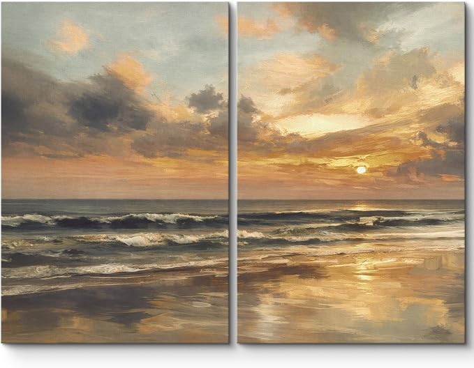 SIGNLEADER Canvas Print Wall Art Set Golden Sunset Seascape Illustrations Modern Relax/Calm Multicolor for Living Room, Bedroom, Office - 24"x36" x 2