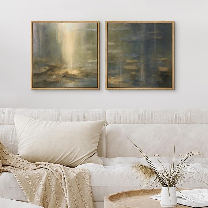 SIGNFORD Framed Canvas Print Wall Art Set Golden Light Reflection Abstract Moody Illustrations Modern Art Minimal Relax/Calm for Living Room, Bedroom, Office - 16"x16"x2 Natural