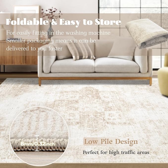 Area Rug 3x5 Washable Rug, Vintage Boho Medallion Entryway Rug Non-Slip Soft Low Pile Small Distressed Floor Carpet Retro Doormat for Kitchen Bedroom Laundry Bathroom Hallway (Beige, 3'x5')