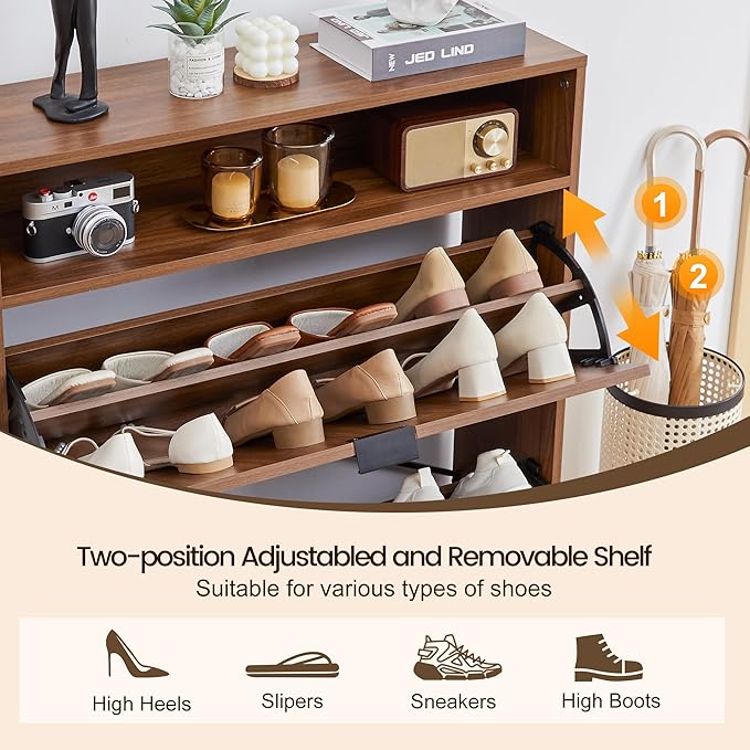 FurSch Fluted Shoe Cabinet with 2 Flip Drawers, Narrow Shoes Storage Organizer Rack with Circle Design Panel for Entryway Hallway (Walnut)