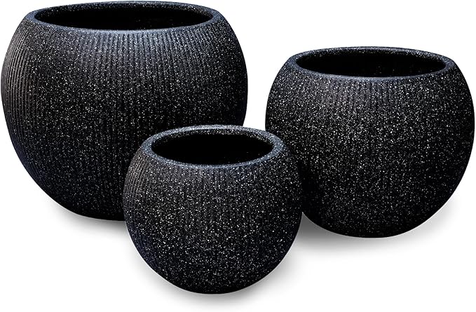 Marlo Fiberstone Round Planter (11.6" Pot Opening x 16.9"D x 13.4"H) Ribbed Finishes, Lightweight Durable, UV Resistant, Modern Minimalist Home Decor, Indoor Outdoor Pot (M, Ribbed Black)