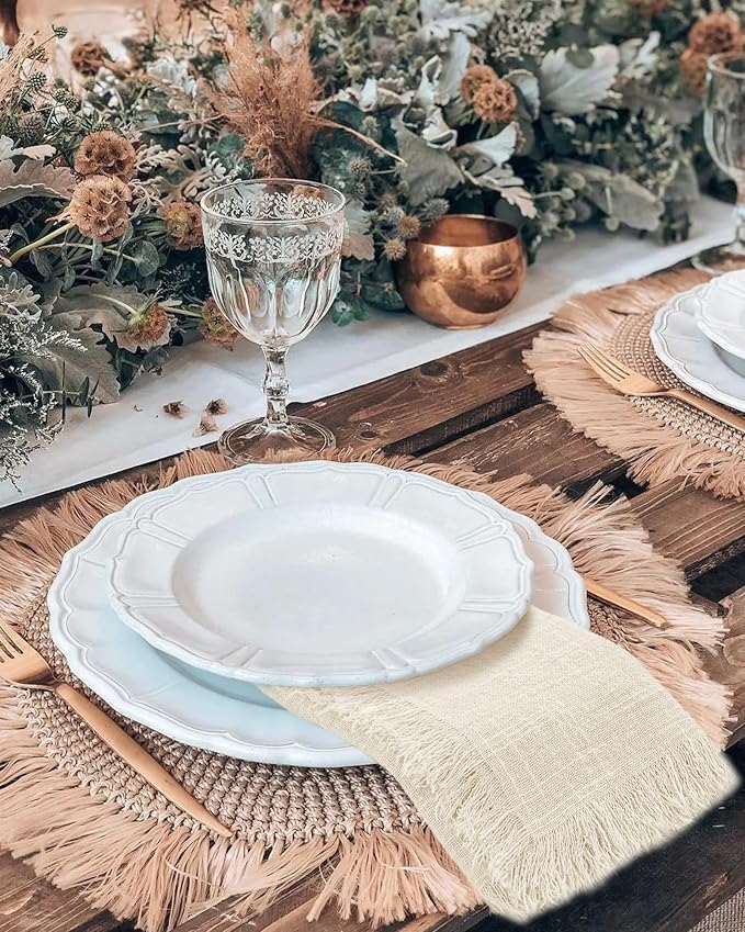 12 Pack Cotton Linen Napkins 16 x 16 Inch Linen Napkins Cloth Handmade with Fringe Soft Cloth Napkins Washable Rustic Dinner Napkins Cloth for Wedding Party Dinner Table(Natural)