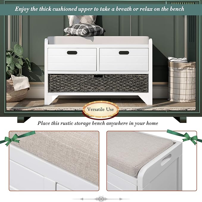 SOFTSEA Storage Bench with Drawers and Basket, Farmhouse Shoe Bench with Seating and Cushion for Hallway Entryway Living Room, Full Assembled (White Wash-2 Drawers)