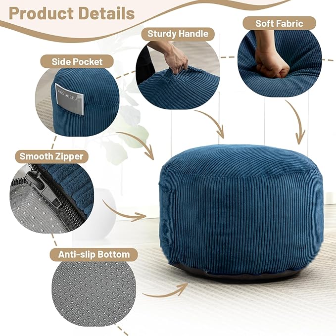 Round Stuffed Pouf Ottoman,Corduroy Foot Rest with Rebound Foam Filled, Furry and Fluffy Foot Stool Ottoman, Floor Poufs for Living Room (Blue, 20" D x 20" W x 15" H)