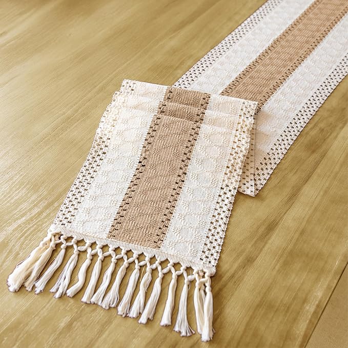 Boho Table Runner with Tassels 48 Inches Long Fringes Brown Soft Cotton Farmhouse Rustic Dining Coffee Small Table Runner for Restaurant Fall Thanksgiving Christmas Party Decoration
