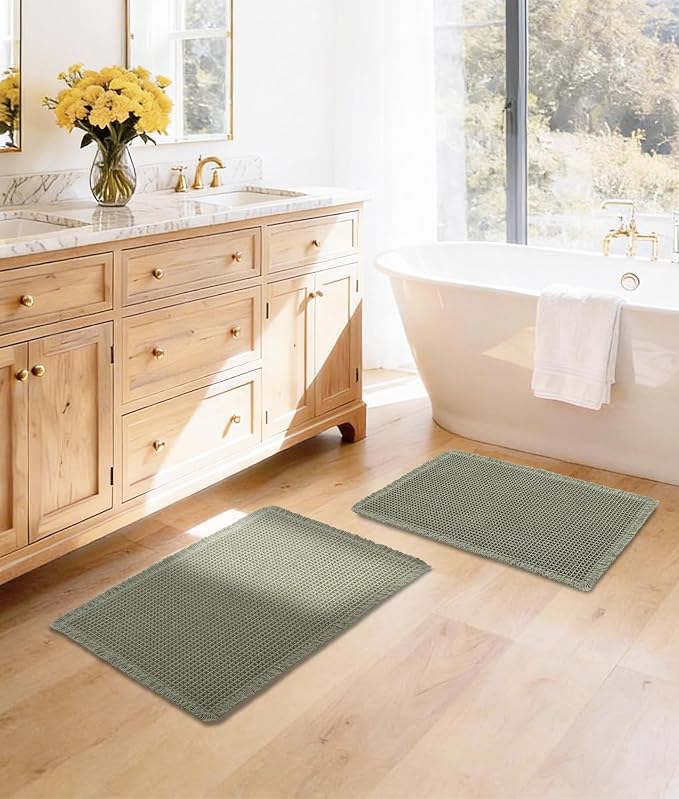 DWCN Olive Green Waffle Bathroom Mat Set, Super Absorbent Non Slip Bath Rug Set for Bathroom Floor, Shower Mats 2 Pcs for Tub, Washable Kitchen Rugs for Farmhouse Boho Home Decor, 24 x 16 Inch