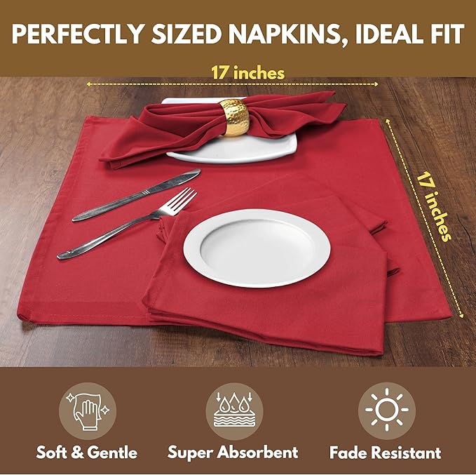 Native Fab Solid Cloth Napkin Set of 4, 100% Cotton, Washable, Reusable Dinner Cloth Napkin 17x17 inches, Table Decor Napkins for Dinner, Events, Red