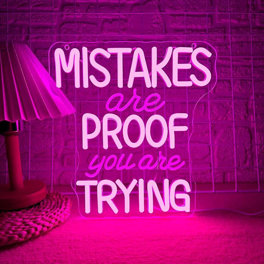 Allball Mistakes Are Proof You Are Trying Neon Sign, Motivational Neon Sign USB Powered LED Dimmable, for Classroom Office Children Room Bedroom Living Room Sign, Graduation Gift(11.8 * 11 In)