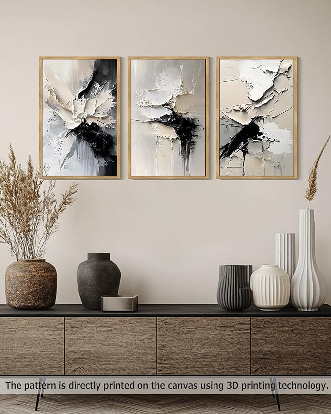 PHOPAGO Black Abstract Framed Wall Art Large 16x24in Minimalist Neutral Color Block Pastel Wall Decor Modern Brush Stroke Illustration Paints Home Decor - Natural Framed