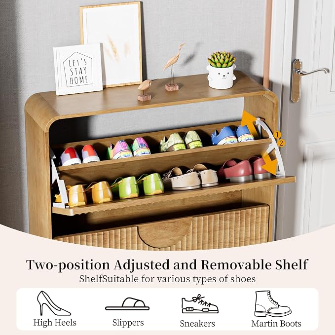 Narrow Shoe Cabinet for Entryway, Fluted Entry Way Shoe Storage Cabinet with 2 Flip Drawers Doors, Slim Hidden Shoe Rack Organizer for Entrance, Foyer, Hallway, Wood, 2 Tier