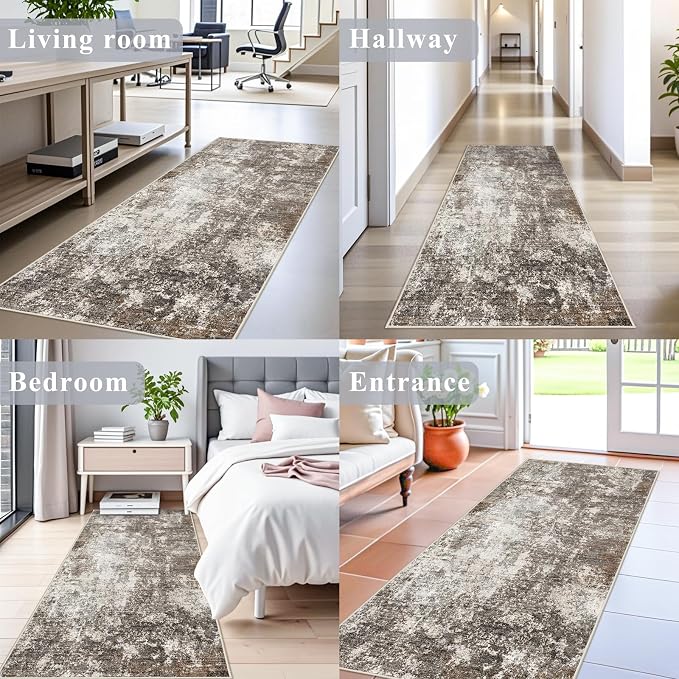 3x6 Non-Slip Washable Entryway Rug - Stain-Resistant Low-Pile Thin Wide Carpet Runner for Kitchen, Hallway, Bathroom | Modern Neutral Abstract(Brown Beige,3x6)