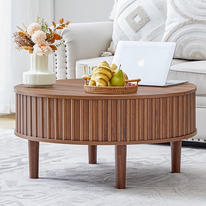 Janmer Home Round Lift Top Coffee Table with Storage, Fluted Mid Century Modern Coffee Tables, Small Space,31.5" Wooden Center Table for Living Room, Apartment, Office (Walnut)