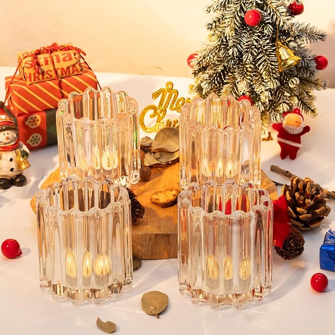 10Pcs Clear Glass Candle Holders - Decorative Ribbed Votive Candle Holders for Warm Glow, Tealight Candle Holder for Wedding Centerpieces Dinner Party Table Decor (for Candles Under 1.8")
