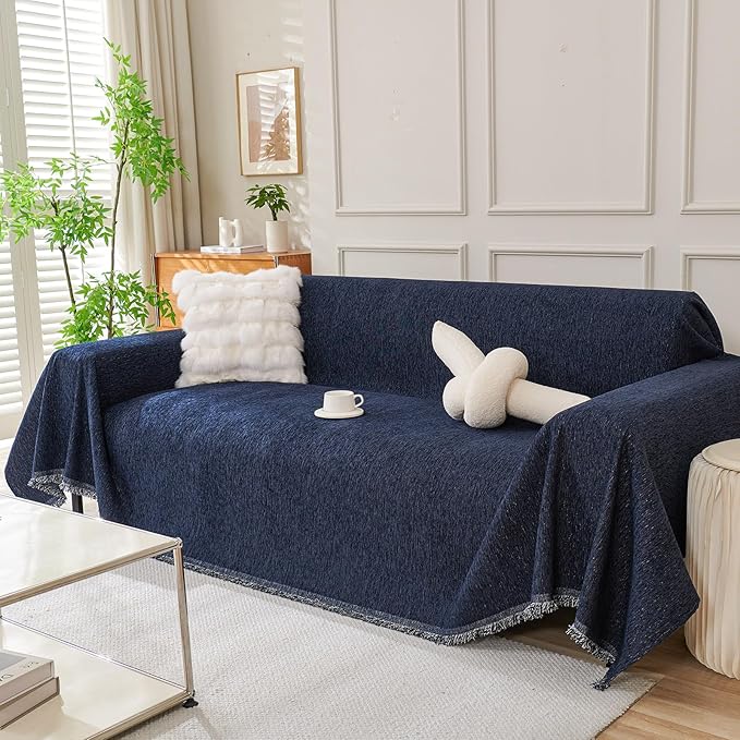 DREAMINGO Navy Blue Couch Cover Thick Chenille Couch Cover Blanket for 3 Cushion Washable Pet Furniture Protector Extra Large Sofa Slipcover 71x150 Inch for 3 Seater Sofa
