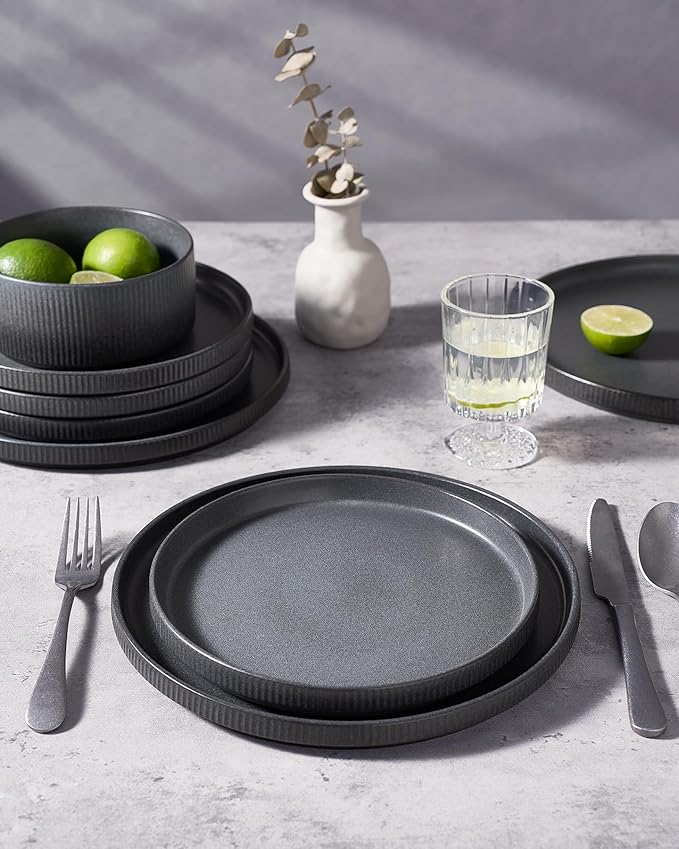 famiware Star Salad Plates for 6, 8 inches Plate Set, Stoneware Dinnerware, Small Dinner Plates for Dessert, Salad, Appetizer, Matte Dark Charcoal (Full Glaze) (Pack of 2)