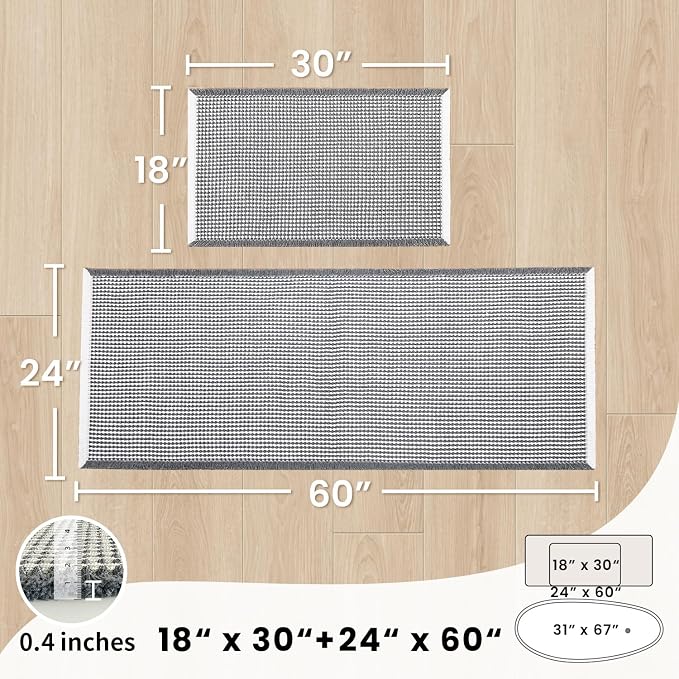 Bathroom Runner Rug Set 2 Piece - Long Waffle Bath Mat for Double Sink, Washable Bathroom Mats Non Slip Absorbent Boho Decor, 18x30 & 24x60, Dark Grey and White