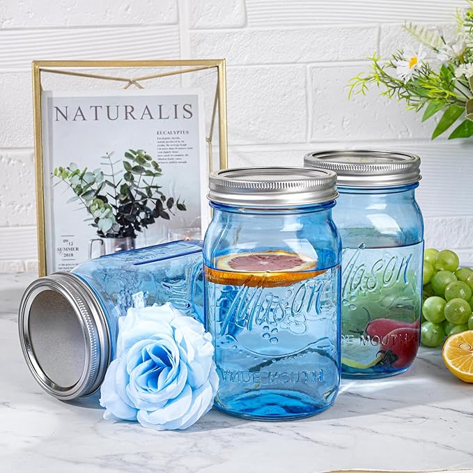 WELLIFE Wide Mouth Mason Jars,6 Pack Blue Mason Jars 32 OZ,Mason Jar for Decor Canning & DIY Crafts,Food Storage,Fermenting,Pickling,Meal Prep