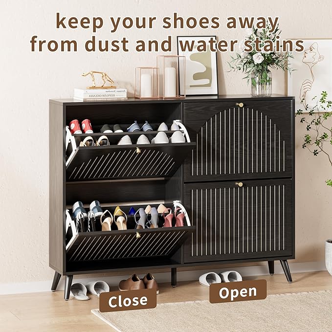 Fsbecl Shoe Storage Cabinet for Entryway with 4 Flip Drawers, Narrow Shoe Organizer with Fluted Panel, Freestanding Wood Hidden Shoe Cabinet (Black, 4 Flip Drawers)