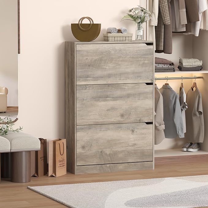 Wodeer Shoe Storage Cabinet with 3 Flip Drawers, Slim Hidden Wood Shoe Cabinet Storage for Entryway, Freestanding Narrow Shoe Rack Organizer with Adjustable Shelves for Foyer, Hallway, Grey