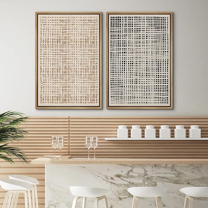 SIGNWIN Framed Canvas Print Wall Art Set Neutral Grid Illustrations Modern Art Rustic Colorful Ultra for Living Room, Bedroom, Office - 24"x36"x2 Natural