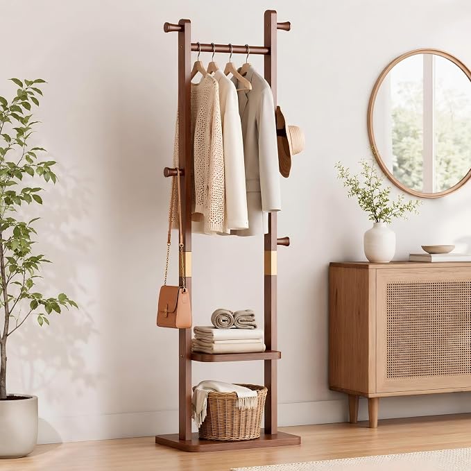 Solid Wood Coat Rack Freestanding, Clothing Rack with 5 Hooks & Bottom Shelf, Heavy Duty Coat Rack Stand for Hanging Clothes, Wood Hall Tree Organizer for Entryway, Bedroom (Walnut Brown)