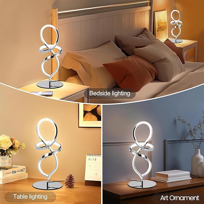 Mayful Modern Table Lamp with LED Spiral Design, Bedside Lamp with Stepless Dimming Switch, Contemporary Nightstand & Chrome Table Lamp for Bedroom, Living Room, Home Office, 12W 3200K Warm White