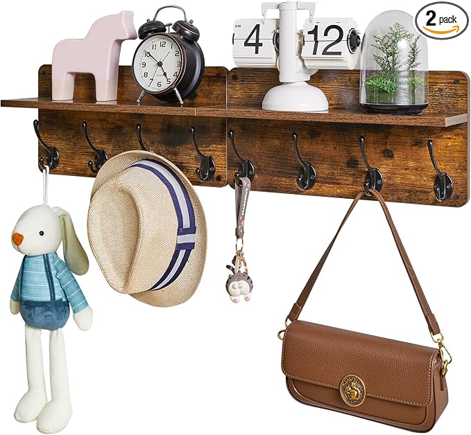 YMYNY Coat Rack Shelf Wall Mounted, Wooden Coat Hooks Set of 2, Entryway Coat Hanger with 8 Hooks,31.5''L Floating Shelves, Key Holder, for Kitchen, Bathroom, Living Room, Rustic Brown, UHWS006H-2