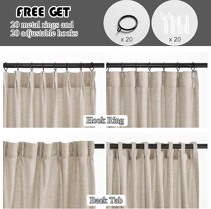 Dark Taupe Semi Sheer Pinch Pleated Curtains for Sliding Glass Doors, Thick Linen Light Filtering Curtains & Drapes 96 Inches Long, Modern Farmhouse Floor to Ceiling Window Curtain Panels