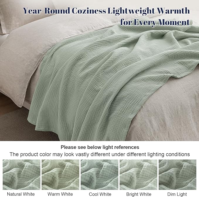 PHF 100% Cotton Muslin Throw XL Blanket Large 50" x 70", 4-Layer Lightweight Gauze Throw, Breathable Cloud-Soft Minimalist Blanket for Bed, Couch, Camping, Sage Green, Ideal Gift