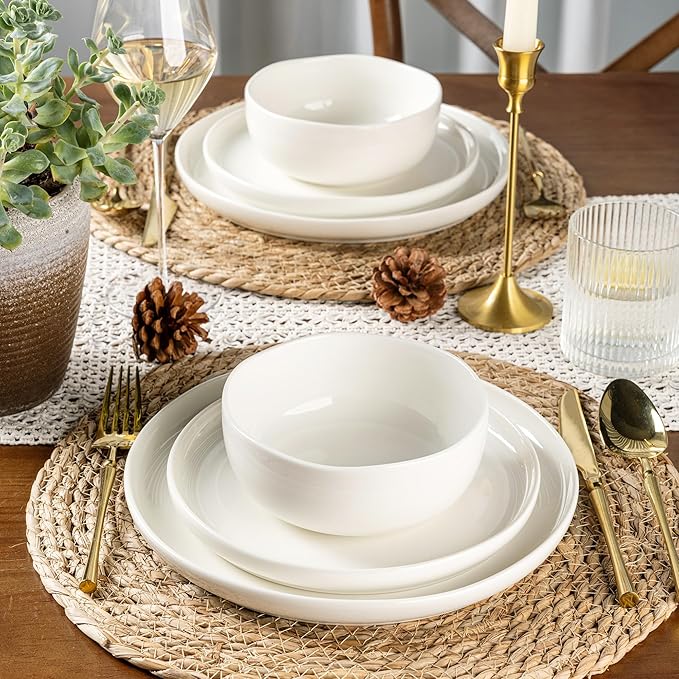 Ceramic Dinnerware Sets for 4,Handcraft Wavy Rim Stoneware Plates and Bowls Sets,Highly Chip and Crack Resistant | Dishwasher & Microwave & Oven Safe Dishes set,Service for 4 (12pc)-White &Wave