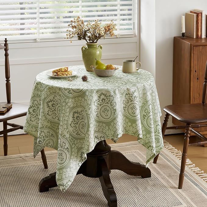 Vintage Green Printed Square Tablecloth: Floral Linen Farmhouse Table Cloth - Sage Damask Pattern on Burlap Textured Fabric Outdoor Table Cover for Kitchen,Dining,Party,Picnic Decor, 55x55 Inch