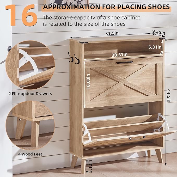 Joaxswe Shoe Cabinet Storage for Entryway with 2 Flip Drawers 2 Hook Open Storage Layer Rack Narrow Organizer Slim Hidden Wood Shoe Cabinet Furniture Natural