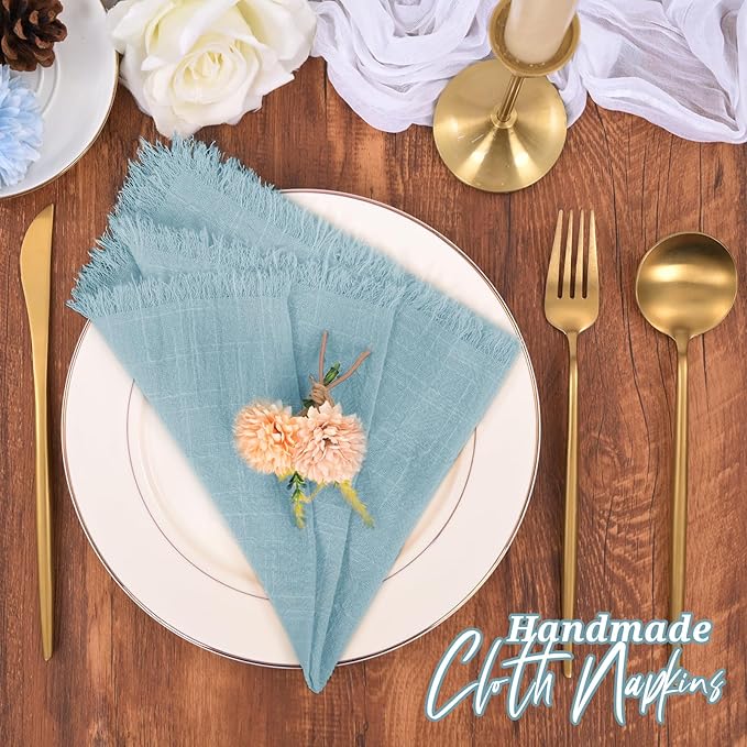 12 Pack Dusty Blue Cloth Napkins Cotton Linen Napkins with Fringe 16 x 16 Inch Soft Handmade Napkins Cloths Delicate Washable Rustic Dinner Napkin Cloths for Wedding Party Dinner Table Decor