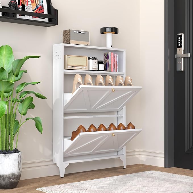 Farmhouse Shoe Storage Cabinet with 2 Flip Drawers, Slim Shoe Cabinets and Barn Door Design, Modern Hidden Slim Narrow Shoe Rack Cabinet for Foyer, Front Door,Living Room,Hallway, White