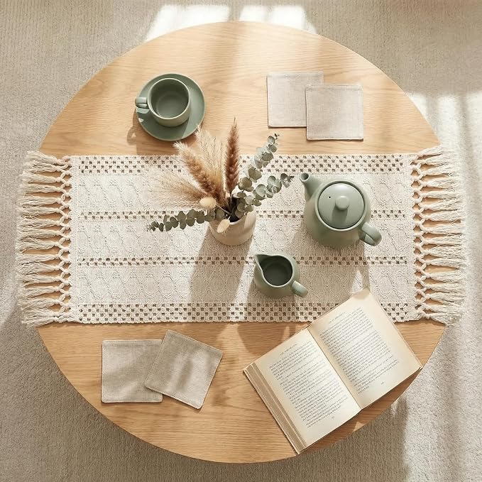 yuboo Boho Table Runner 36 Inches, Small Macrame Cream Coffee Table Runner Short, Dresser Scarf for Spring Decor, Nightstand, End Table, Desk