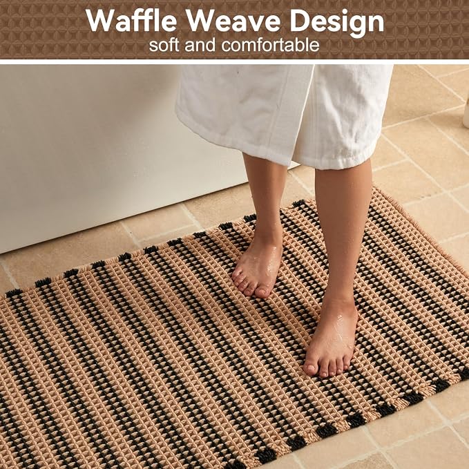 Triohero Waffle Bath Mat, Boho Bathroom Rugs Non Slip Washable, Ultra Soft Super Absorbent Quick Dry Farmhouse Bathroom Decor, 20" x 30", Khaki & Black