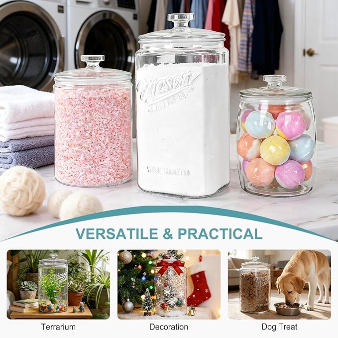 1 Gallon Cookie Jars, 2 Pcs, Large Glass Jars with Airtight Lids for Kitchen, Wide Mouth Food Storage Containers for Flour, Sugar, Sourdough Starter, Candy, Coffee, Dog Treat, Apothecary, Laundry