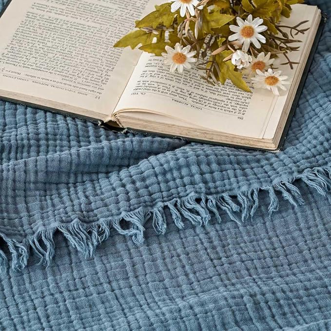 Esterra Muslin Throw Blanket 50x65 Inches Cozy Soft Lightweight Pre-Washed Cotton Blanket, All Season Breathable 4-Layer Gauze Blanket Throw for Sofa Couch Bed, Blue Mirage