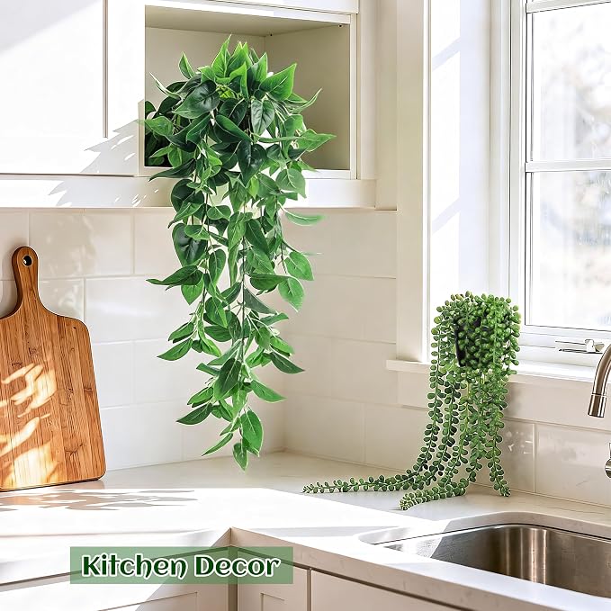 Der Rose 4Pcs Fake Plants Hanging Artificial Ivy Vine Faux Eucalyptus Hanging Plants, Boston Fern, String of Pearls for Living Room Aesthetic Bedroom Boho Kitche Wall Shelf Indoor Outdoor Decor