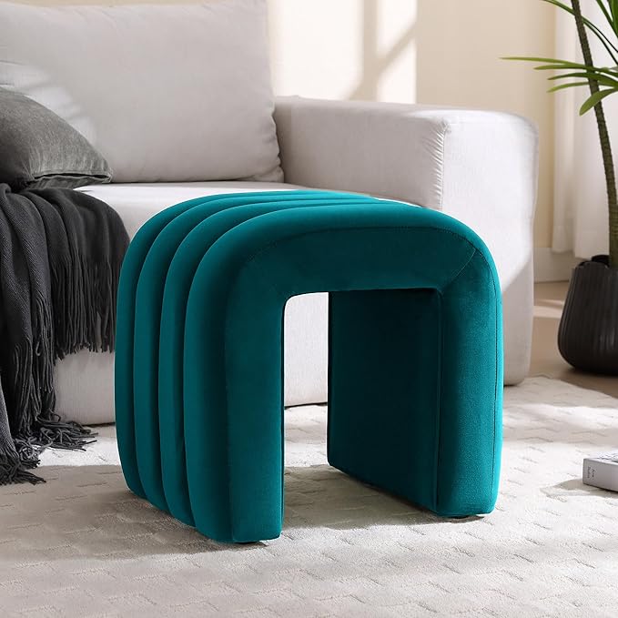 ONEVOG Velvet Pouf Ottoman, Small Ottoman Foot Rest for Couch, 18 Inch Cute Vanity Chairs for Makeup, Living Room Decorative, Sturdy Frame, Upholstered Modern Footrest for Bedroom, Dorm, Teal